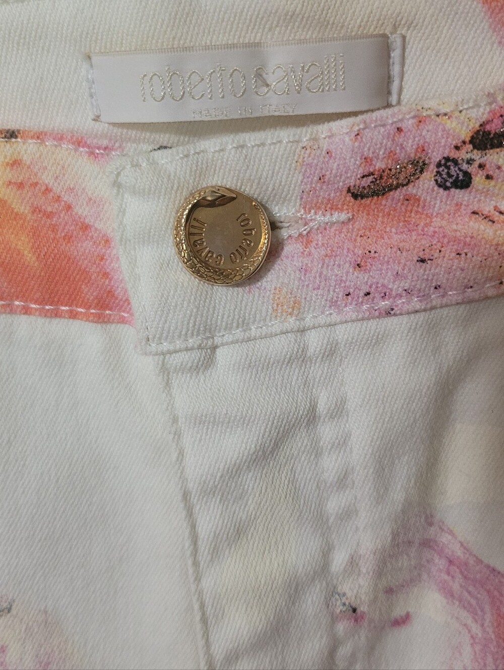 Roberto Cavalli Vintage White Jeans with Pink & Orange Floral Print - Picture 2 of 7